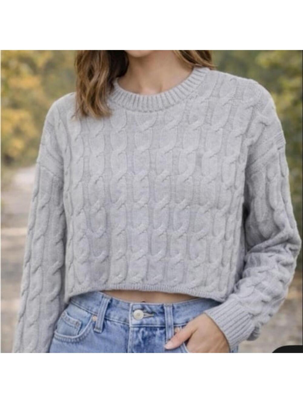 Babaton Aritzia Grey Cable Knit 100% Wool Cropped Sweater Size XS